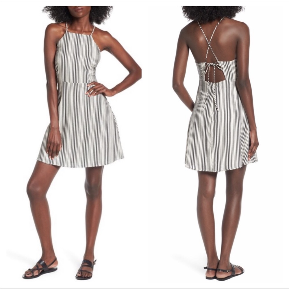Lush Linen Blend High Neck Vertical Stripe Dress
